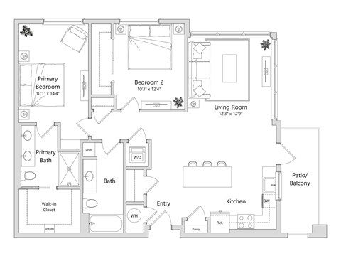 Floor plan for 2 beds, 2 baths, 1163 sqft